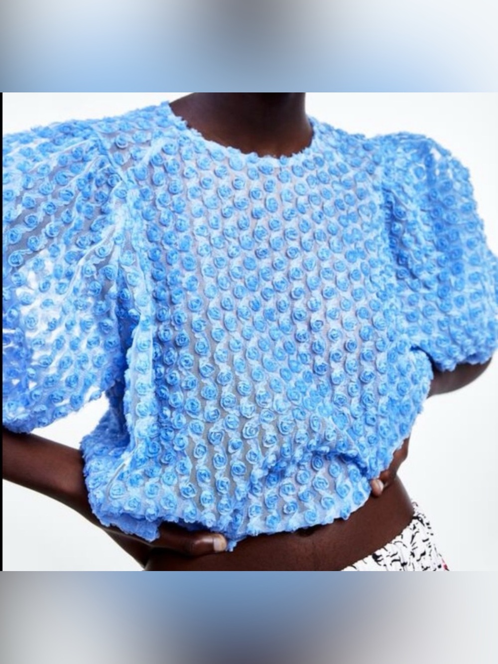 Zara Light Blue Textured Puff Sleeve Blouse